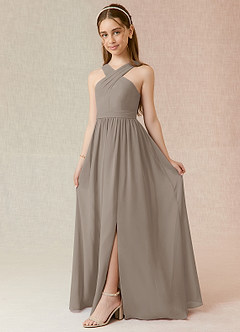 Azazie Jiya Junior Abito A-Line in Chiffon Plissettato Taupe image1