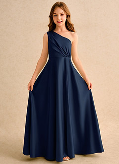 Azazie Puddles Girls Formal Flower Girl Dresses Dark Navy A-Line One Shoulder Matte Satin Dress image5