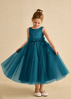 Azazie Lux Flower Girl Dresses Ink Blue A-Line Beaded Tulle Dress image3