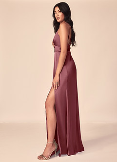 Azazie Aqua Brautjungfernkleider A-Linie V-Hals Gefaltet Stretch-Satin Kleid Wüstenrose image4