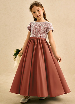 Azazie Cashew Flower Girl Dresses Auburn Ball-Gown with Sleeves Matte Satin Dress image3