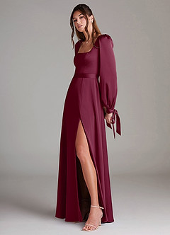 Azazie Leonia Bridesmaid Dresses Mulberry A-Line Long Sleeve Stretch Satin Dress image5