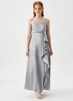 Azazie Kaylee Junior Silver A-Line with Belt Metallic Satin Dress image4