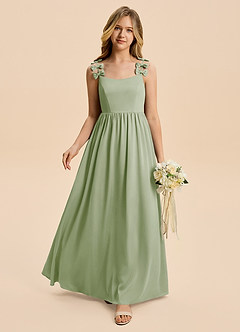 Azazie Poppy Junior Dusty Sage A-Line Pleated Stretch Satin Dress image1