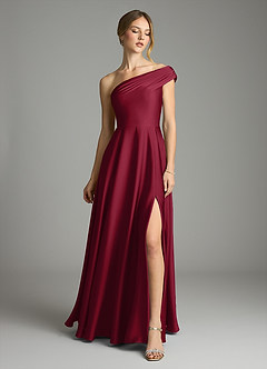Azazie Melanie Bridesmaid Dresses Burgundy A-Line Off the Shoulder Stretch Satin Dress image3