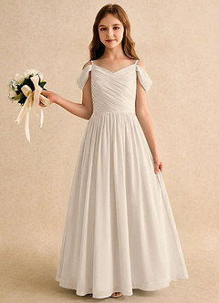 Azazie Chelo Girls Formal Robe Demoiselle D'honneur Fillette Robe Trapèze en Mousseline de soie Plissé Albâtre Blanc image3