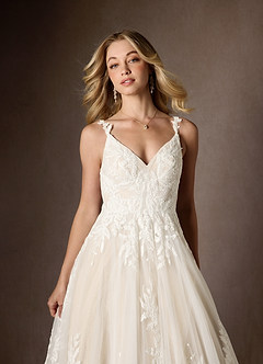 Azazie Delaina Wedding Dresses Diamond White Champagne A-Line V-Neck Sequins Tulle Dress image9