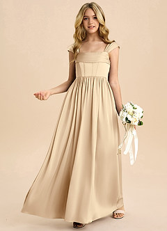 Azazie Hattie Junior Abito A-Line in Raso Elasticizzato Plissettato Champagne image4