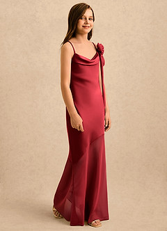 Azazie Kai Girls Formal Robe Demoiselle D'honneur Fillette Robe Fourreau en Satin extensible Plissée Écarlate image4