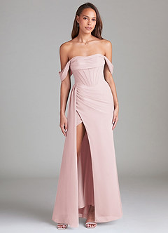 Azazie Amyra Bridesmaid Dresses Blushing Pink Sheath Off the Shoulder Chiffon Convertible Dress image1