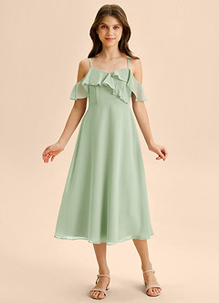 Azazie Kamilla Junior Robe Trapèze en Mousseline de soie Épaule décolletée Vert Sauge image6