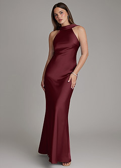 Azazie Dimitra Bridesmaid Dresses Cabernet A-Line Pleated Stretch Satin Dress image1