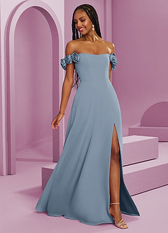 Barbie ♥ Azazie Suknie dla druhen Rozkloszowana szyfonowa sukienka z odkrytymi ramionami i kwiatowymi rozetkami image8