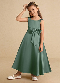 Azazie Lindy Flower Girl Dresses Eucalyptus A-Line Pleated Matte Satin Dress image3