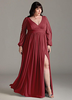 Azazie Norah Bridesmaid Dresses Pomegranate A-Line V-Neck Long Sleeve Chiffon Dress image9