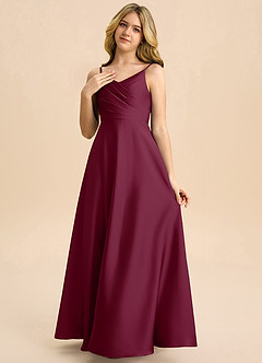 Azazie Bug Junior A라인 주름진 스트레치 새틴 플로어 길이 주니어 신부 들러리 드레스 image3