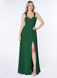 Azazie Jane Final Sale Dark Green A-Line V-Neck Pleated Chiffon Dress image1