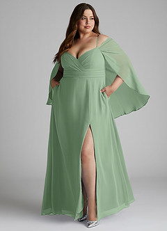 Azazie Cienna Robes de demoiselle d'honneur Robe Trapèze en Mousseline de soie Épaule décolletée Matcha image9