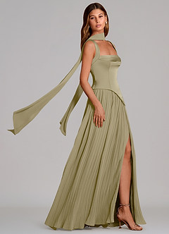 Azazie Stephanie Robes de demoiselle d'honneur Robe Trapèze en Satin extensible Plissée Vert Mousse image3