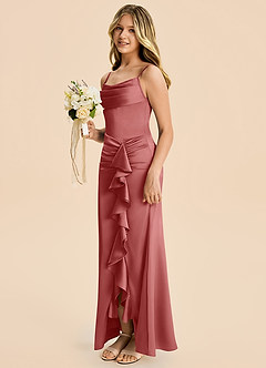 Azazie Rosalia Junior Vestido de Rosa Antigua de Satén Elástico de Corte Recto con Plisado image3