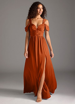 Azazie Lianne Bridesmaid Dresses Burnt Orange A-Line Off the Shoulder Stretch Satin Dress image2