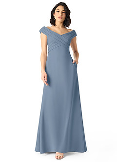 Azazie Evita Jurken voor bruidsmeisjes Jurk van Stretch crêpe met A-Lijn Off the Shoulder Stoffig Blauw image1