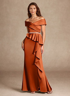 Azazie Dareia Mother of the Bride Dresses Burnt Orange Mermaid Off the Shoulder Stretch Satin Dress image6