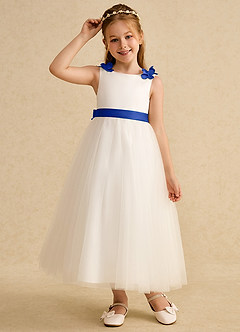 Azazie Lilli vestidos de niña de las flores Vestido de Marfil Azul Real de Tul de Corte En A con Lazo image5