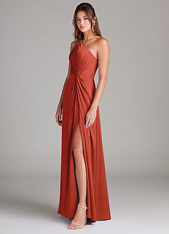 Azazie Brooke Bridesmaid Dresses Rust A-Line One Shoulder Stretch Satin Dress image5
