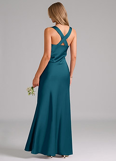 Azazie Kamila Robes de demoiselle d'honneur Robe Trapèze en Satin extensible Plissée Bleu Encre image2