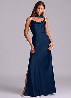 Azazie Yazmine Venta Final Vestido de Azul Marino Oscuro de Satén Elástico de Corte Sirena con Plisado image4