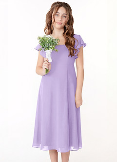 Azazie Bondi Junior A-Line Ruchede Chiffon Te-længde Junior brudepige Kjole image4