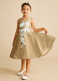 Azazie Kata vestidos de niña de las flores Vestido de Oro de Satin Mate de Corte En A con Encaje image4