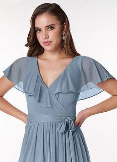 Azazie Jael Robes de demoiselle d'honneur Robe Trapèze en Maille Col en V Bleu Poussiéreux image5