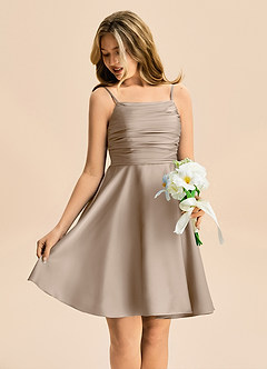 Azazie Miko Junior Taupe A-Line Pleated Stretch Satin Dress image4