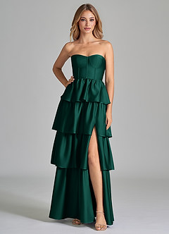 Azazie Faye Vestidos de madrinha de casamento Vestido Esmeralda de Cetim elástico de Linha A com Ruched image3