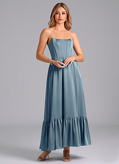 Azazie Leilana Robes de demoiselle d'honneur Robe Trapèze en Satin extensible Corset Bleu Poussiéreux image1