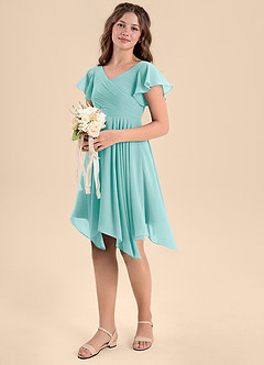 Azazie Janeaurelia Junior Aqua A-Line Pleated Chiffon Dress image1