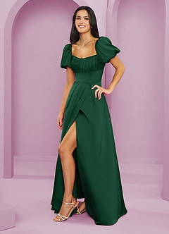 Barbie ♥ Azazie Bridesmaid Dresses Dark Green A-Line Ruched Stretch Satin Dress image3