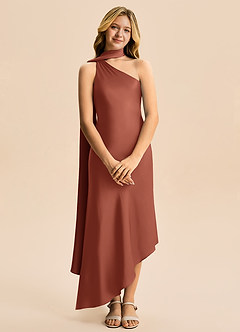 Azazie Briony Junior Vestido Castanho Aloirado de Cetim elástico de Bainha com Plissado image7