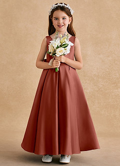 Azazie Honey Bear Flower Girl Dresses Auburn A-Line Pleated Matte Satin Dress image3