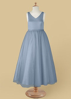 Azazie Marybell Flower Girl Dresses Dusty Blue A-Line Bow Tulle Dress image8