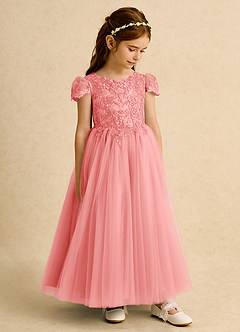 Azazie Puff Flower Girl Dresses Coral Ball-Gown Lace Tulle Dress image4