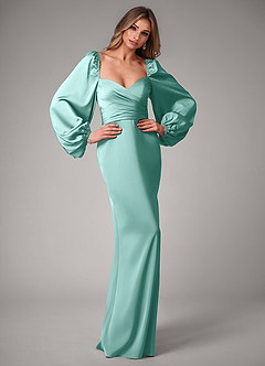 Azazie Sonata Bridesmaid Dresses Aqua Sheath Long Sleeve Stretch Satin Convertible Dress image5