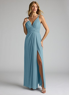 Azazie Maren Allure Brautjungfernkleider A-Linie V-Hals Spitze Chiffon Kleid Stimmungsvolles Blau image1