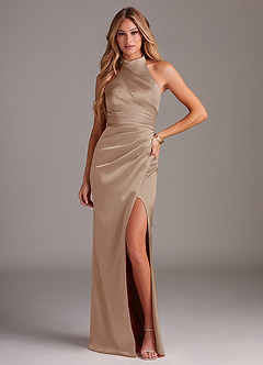 Azazie Jemma Bridesmaid Dresses Taupe Sheath Pleated Stretch Satin Dress image1