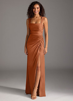 Azazie Jesaphine Bridesmaid Dresses Copper Sheath Bow Stretch Satin Dress image1