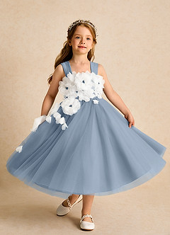 Azazie Dovey Abiti da Ragazza di Fiori Abito Principessa in Tulle Fiocco Blu Polveroso image4