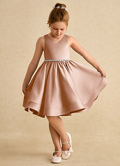 Azazie Julietta Flower Girl Dresses Champagne Rose Ball-Gown Convertible Tulle Dress image4