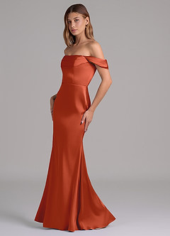 Azazie Miley Abiti da Damigella Abito Convertibile Sirena in Raso Elasticizzato a Spalla Scoperta Ruggine image4